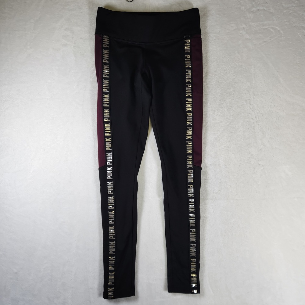 Victoria's Secret PINK Cozy Leggings Womens XS Black Purple Silver Logo‎